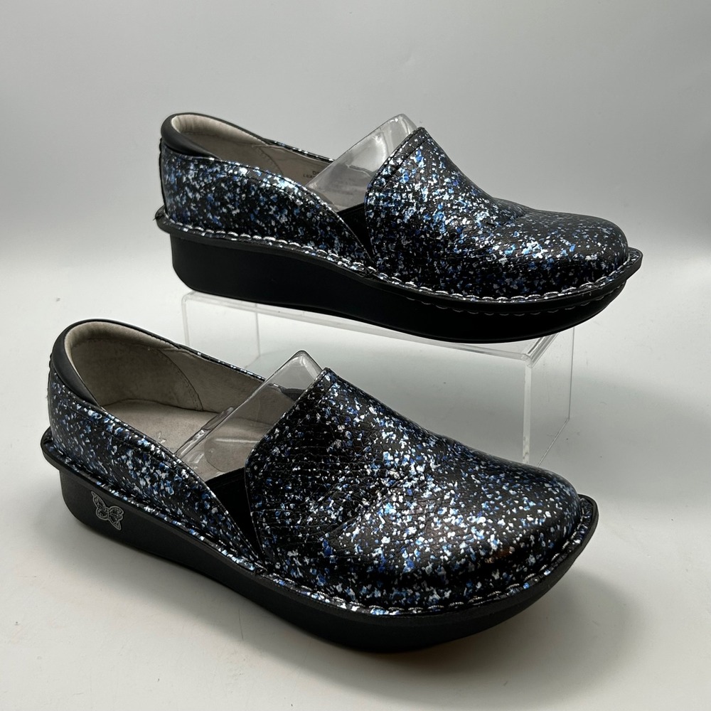 Alegria Debra Clog Womens 40 Black Blue Metallic Splatter Leather Professional